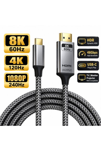 Cablu USB-C Tip-C la HDMI 2.1 8K 60Hz 4K 120Hz 1080P 240Hz Staryon, HDR Dinamic, 48Gbps, 2 Metri, Thunderbolt, Laptop MacBook iPhone iPad Samsung DeX, TV Monitor Proiector, Gri