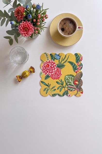 Yellow Background Botanical Floral Patterned Laser Cut Fabric Cocktail Napkin 1 Piece