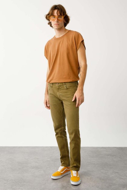 DAVID OLIVE Slim Fit Diz Detaylı Yeşil Erkek Jean Pantolon