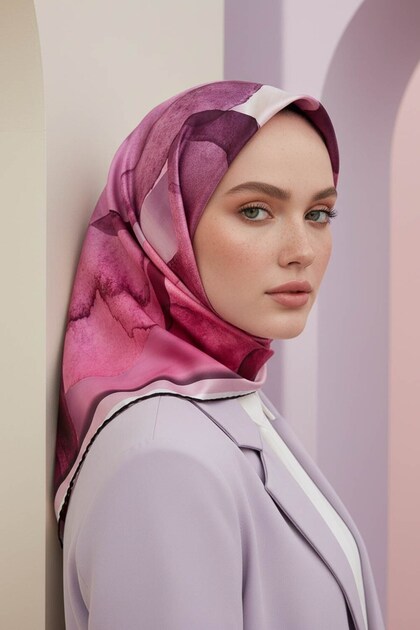 Twill Sulu Boya Desenli Mürdüm - Fuşya Renkli 90x90 Eşarp (İpek İçermez) Kenar Dikiş Şekli El Dikişl