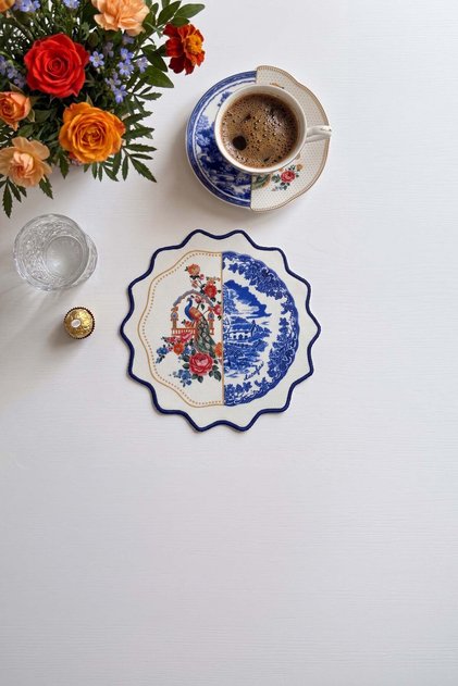 Peacock & Tile Harmony Patterned Embroidery Edge Cocktail Napkin 1 Piece