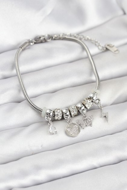 Brass Silver Color Butterfly Charm Women's Bracelet