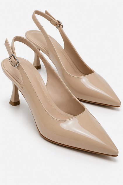 Bej Rugan Sivri Burun Slingback Topuklu Ayakkabı