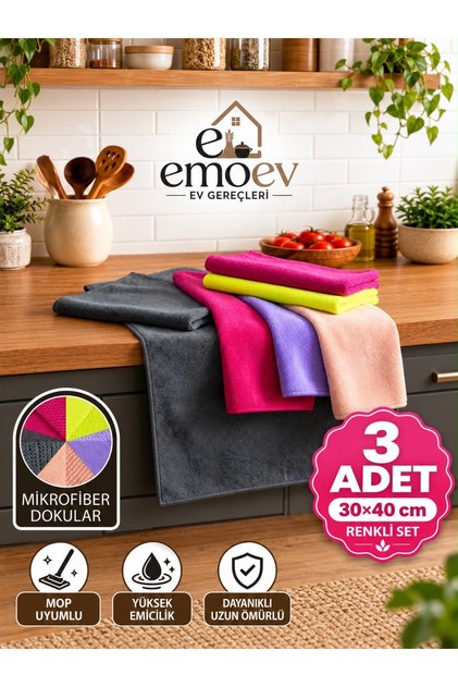 3'lü Renkli Mikrofiber Temizlik Bezi Seti (30x40 cm) - Yüksek Emici İz Bırakmaz Mutfak, Cam & Araç Bezi