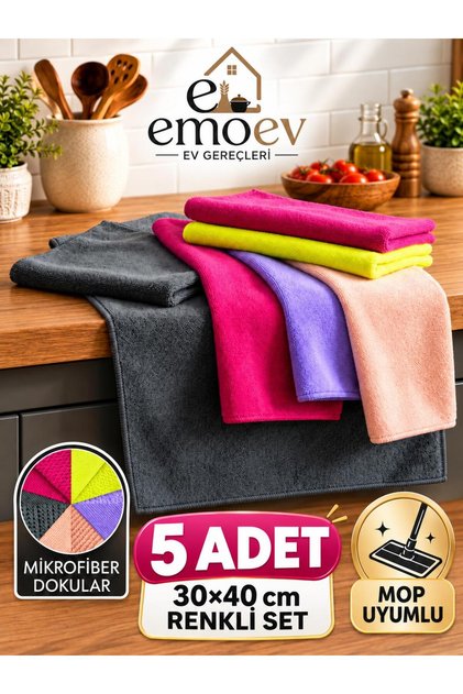 5'li Renkli Mikrofiber Temizlik Bezi Seti (30x40 cm) - Yüksek Emici İz Bırakmaz Mutfak, Cam & Araç Bezi