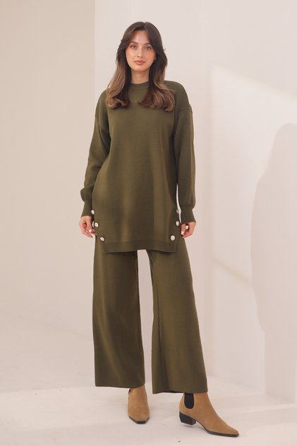 Women's Knitwear Fabric Button Detailed 2-Piece Knitwear Set 8576 Khaki