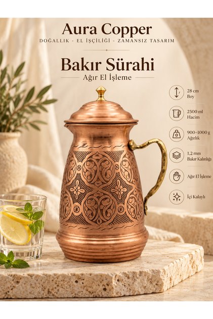 Bakır Sürahi 2,5 Litre İçi Kalaylı 1,2 mm Kapaklı Dövme ve El İşlemeli İbrik
