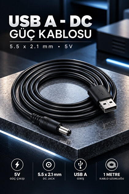 1 Metre USB A - DC Jack 5.5 x 2.1 mm Power Besleme Kablosu 5V Güç Kablosu