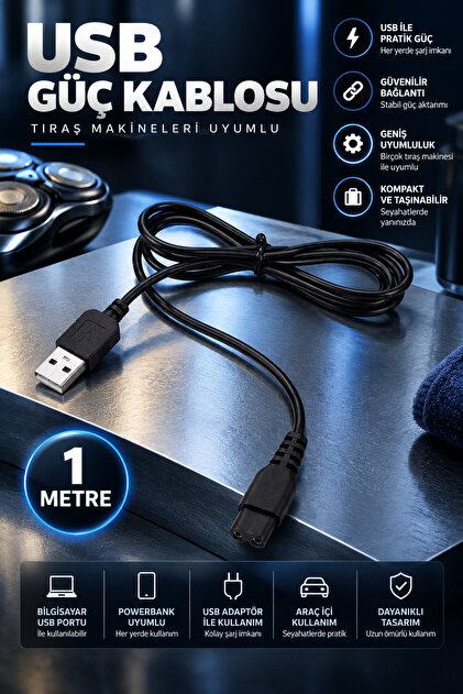 1 Metre USB Güç Kablosu Tıraş Makineleri Uyumlu Standart Girişli Güç Aktarım Kablosu