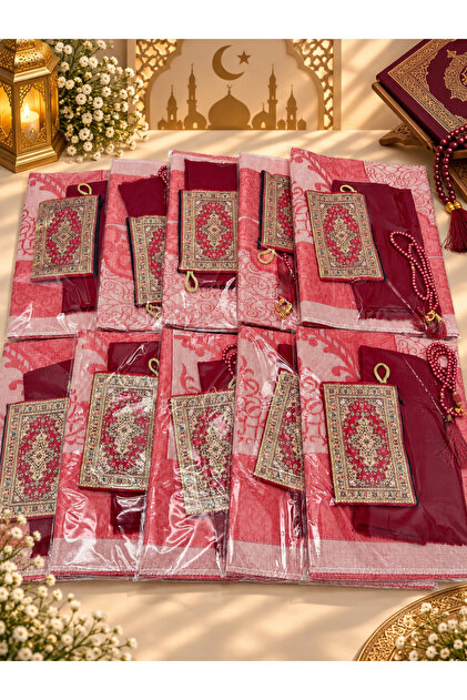 10 Pieces Bordo Gift (Dowery-Set-Mevlüd-Hac-Umre) Prayery Mat in Gelatin with Flamingo Design, Wallet, Tesbi̇h