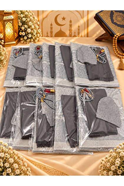 10 pieces of gray gift (dowry-mevlut-hajj-umra) prayer mat with flame cover, takke, scent, tasbih in gelatin