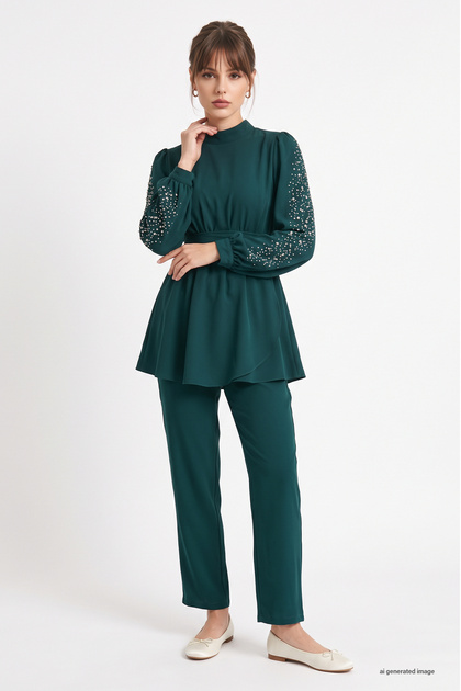 Emerald Green Suit with Pearl Sleeves and Gathered Waist