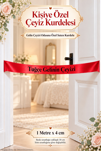 Kişiye Özel Çeyiz Kurdelesi – Gelin Çeyizi Odası Süsü – İsimli Kırmızı Saten Kurdele
