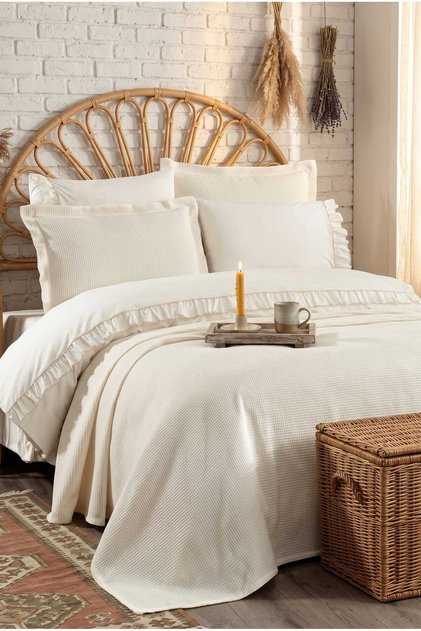 7 Piece Cotton Pique Covered and Ruffled Fulya Double Duvet Cover Set Cream