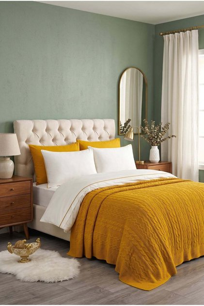 Feris 7 Piece Cotton Knitwear Blanket Double Duvet Cover Set Mustard