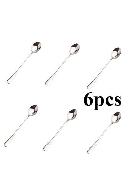 Silver 6pcs sharp 6Pcs Stainless Steel Long-Handled Ice Teaspoon, Coffee Spoon, Ice Cream Stirring S