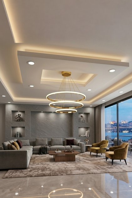 3'lü Çember Sarkıt Avize - Eskitme, Beyaz Işık - Salon ve Yemek Masası