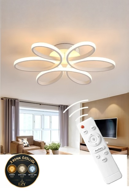 Yonca 6’lı Beyaz Plafonyer Kumandalı 3 Renkli Salon, Mutfak, Çocuk Odası için Modern LED Avize