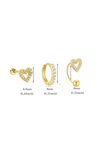 Style 1 3Pcs Stainless Steel Zircon Heart Tiny Hoop Earrings Set For Women Small Huggie Stud Helix C