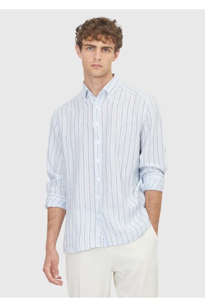 Blue Regular Fit Long Woven Casual 100% Linen Shirt