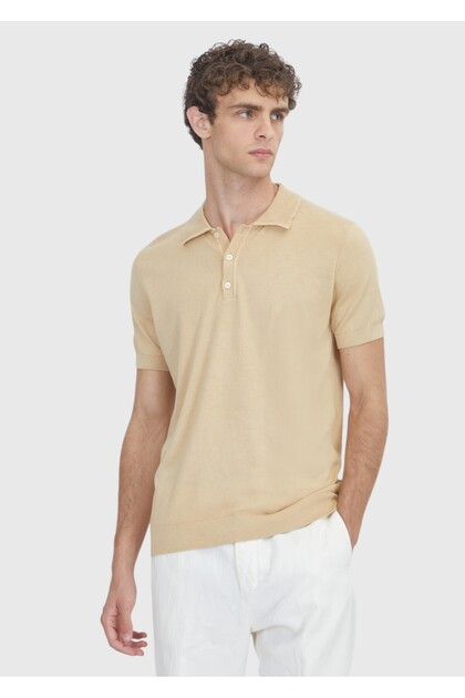 Yellow Polo Collar Plain Knit 100% Cotton Knitwear