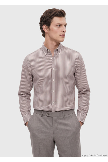 Brown Striped Regular Fit Long Woven Classic 100% Cotton Shirt