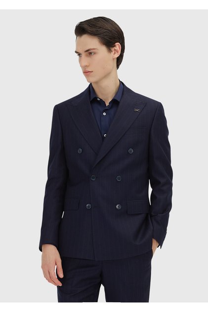 Lacivert Çizgili Zeroweight Slim Fit %100 Yün Takım Elbise