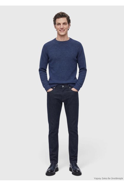 Navy Blue Slim Fit Denim Cotton Blend Trousers