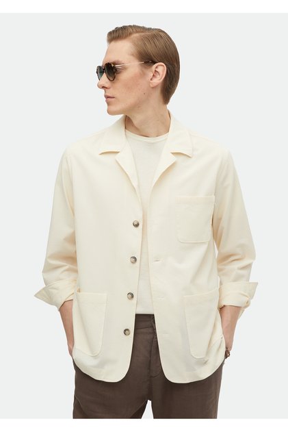 Ecru Plain Casual Fit Long Woven Cotton Blend Overshirt