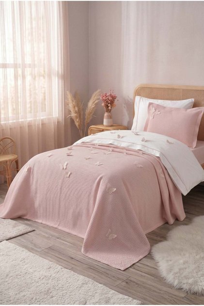 5 Parça Lastikli Çarşaflı, 3d Kelebek Desenli Çocuk Odası Pamuklu Tek Kişilik Pembe Nevresim Takımı