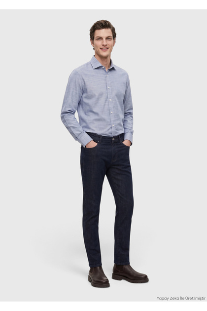 Navy Blue Slim Fit Denim Cotton Blend Trousers