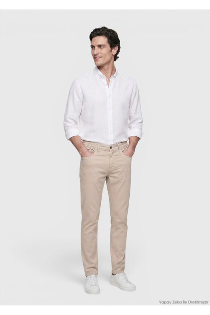 Pantaloni casual din amestec de bumbac, țesuți în bej