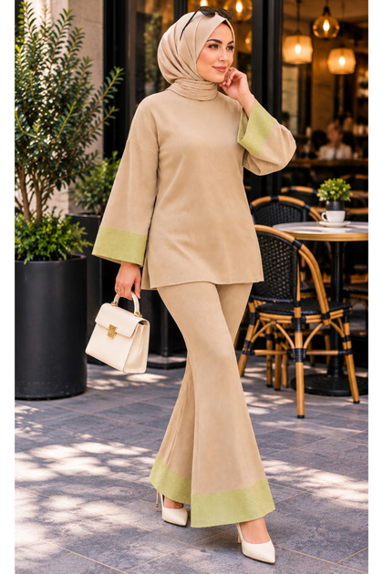 Women's Ribbed Spanish-Style Flare Pants with Sequin Detail, Cropped Sleeve Top Set