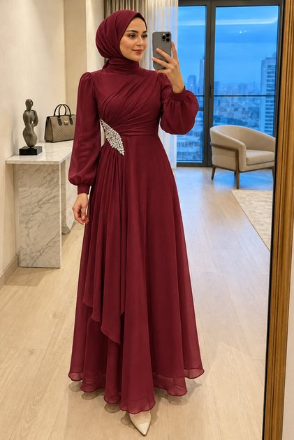 Sparkling Fabric Draped Burgundy Hijab Evening Dress 4916Br