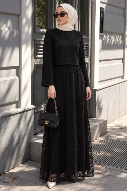 Lace Black Hijab Double Set 6293S