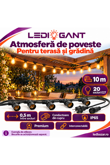 Ghirlandă luminoasă LED 10m, 20 socluri E27, interconectabilă, pentru terasă, grădină și evenimente (becurile nu sunt incluse)