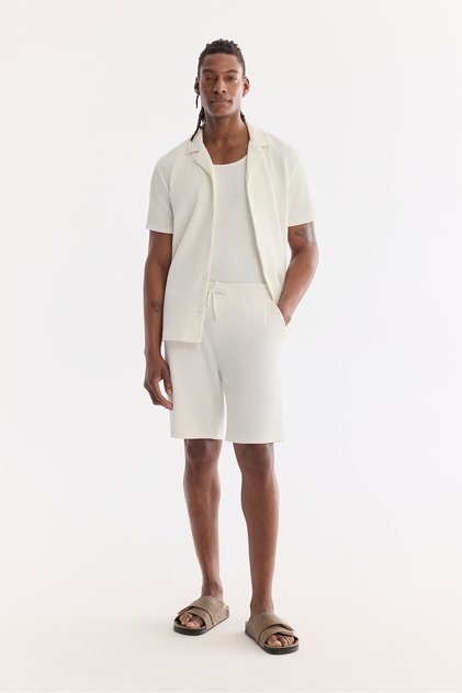 Men's Ecru Elastic Waist Lace-Up Knitted Regular Fit Shorts with Side Pockets A61Y3640