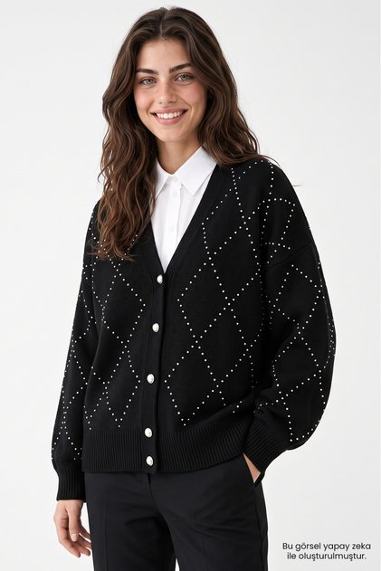 Stone Printed Wool Blend Regular Knitwear Cardigan