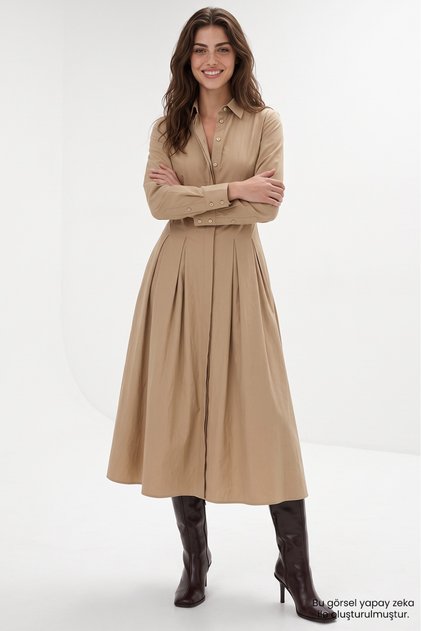 Zigzag Stitched Waist-Fitted Pleated Regular Midi Dress