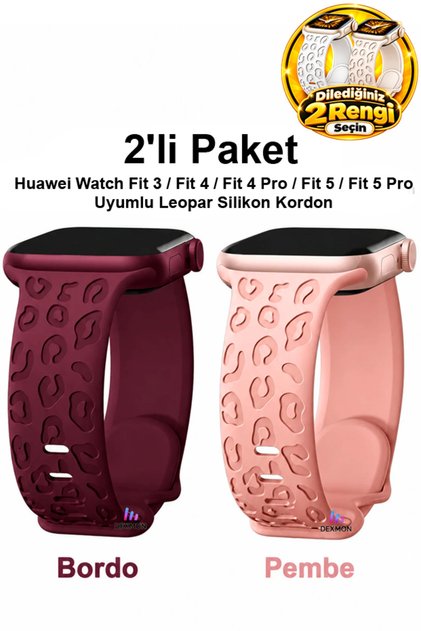 Huawei Watch Fit 3 / Fit 4 / Fit 4 Pro / Fit 5 / Fit 5 Pro Uyumlu Leopar Desenli 2’li Silikon Kordon Seti