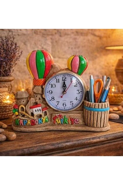 Kapadokya Peri Bacası Dekoratif Hediyelik Masa Saati & Kalemlik