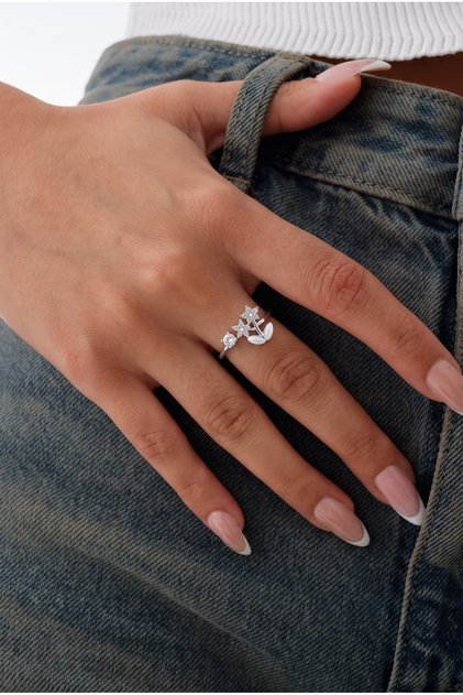 Women's silver color zircon stone flower model adjustable ring (sent with box)