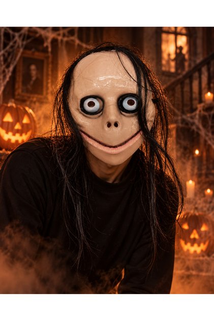 Halloween Korku Momo Maskesi Uzun Saçlı Büyük Gözlü Gerilim Maskesi Kostüm Parti Aksesuarı