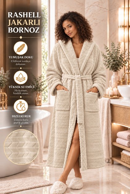 Bornoz Kapşonlu Rashell Welsoft Jakarlı Unisex Yumuşacık Peluş Dokulu Kuşaklı Cepli Kadın Erkek