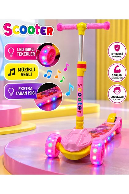 Scooter LED Işıklı 3Tekerli Müzikli Katlanabilir Dayanıklı Gövde 3+Yaş