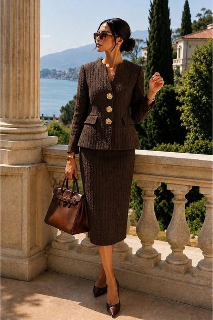Women's Brown Gold Buttoned Tweed Jacket Midi Pencil Skirt Long Sleeve V-Neck Skirted Two-Piece Set