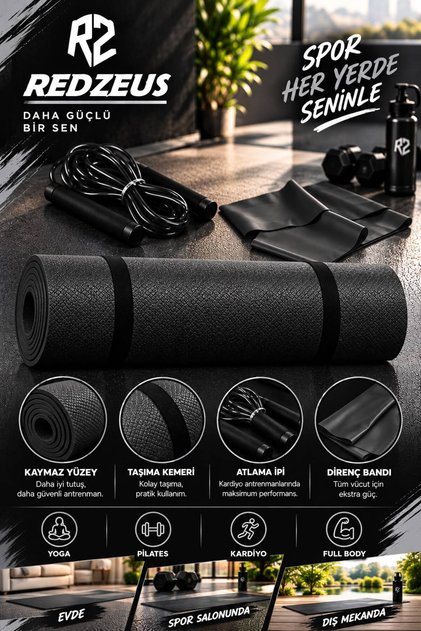 Konfor Zemin 7 mm Taşıma Askılı Pilates Minderi Yoga Matı + Atlama İpi + Pilates Lastiği Seti