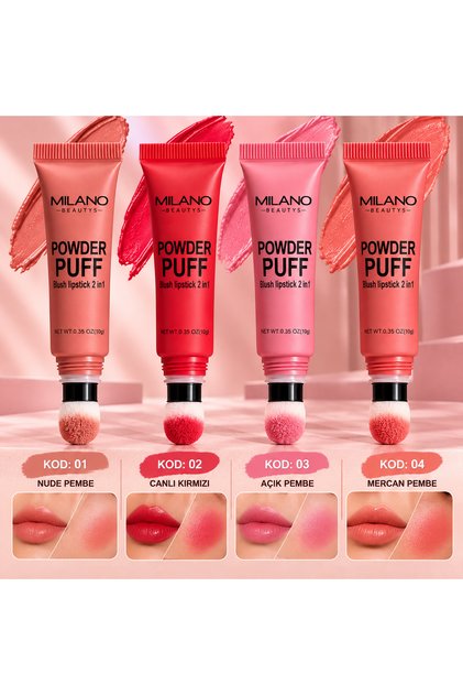 2'si 1 Arada Sünger Uçlu Likit Allık ve Ruj – Powder Puff Blush Lipstick – 4 Renk Seçeneği