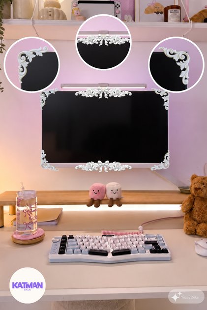 Beyaz Fiyonk ve Gül Motifli Monitör Süsü – 6 Parça Dekoratif Köşe ve Orta Aplik Seti