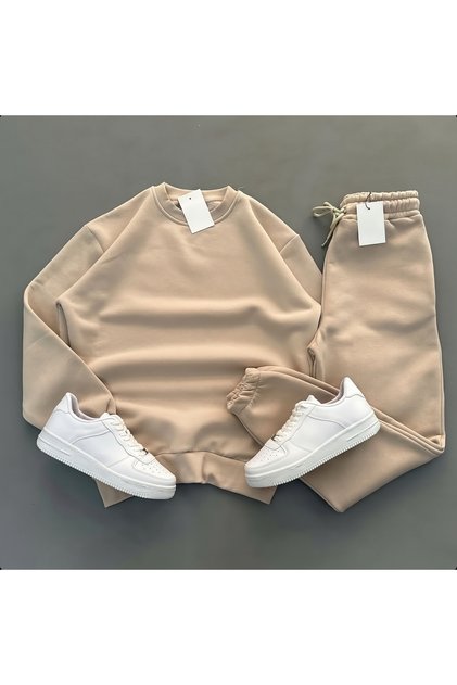 Set de 2 piese pentru bărbați, bej, cu fleece pe interior, cu guler rotund, hanorac și pantaloni de trening